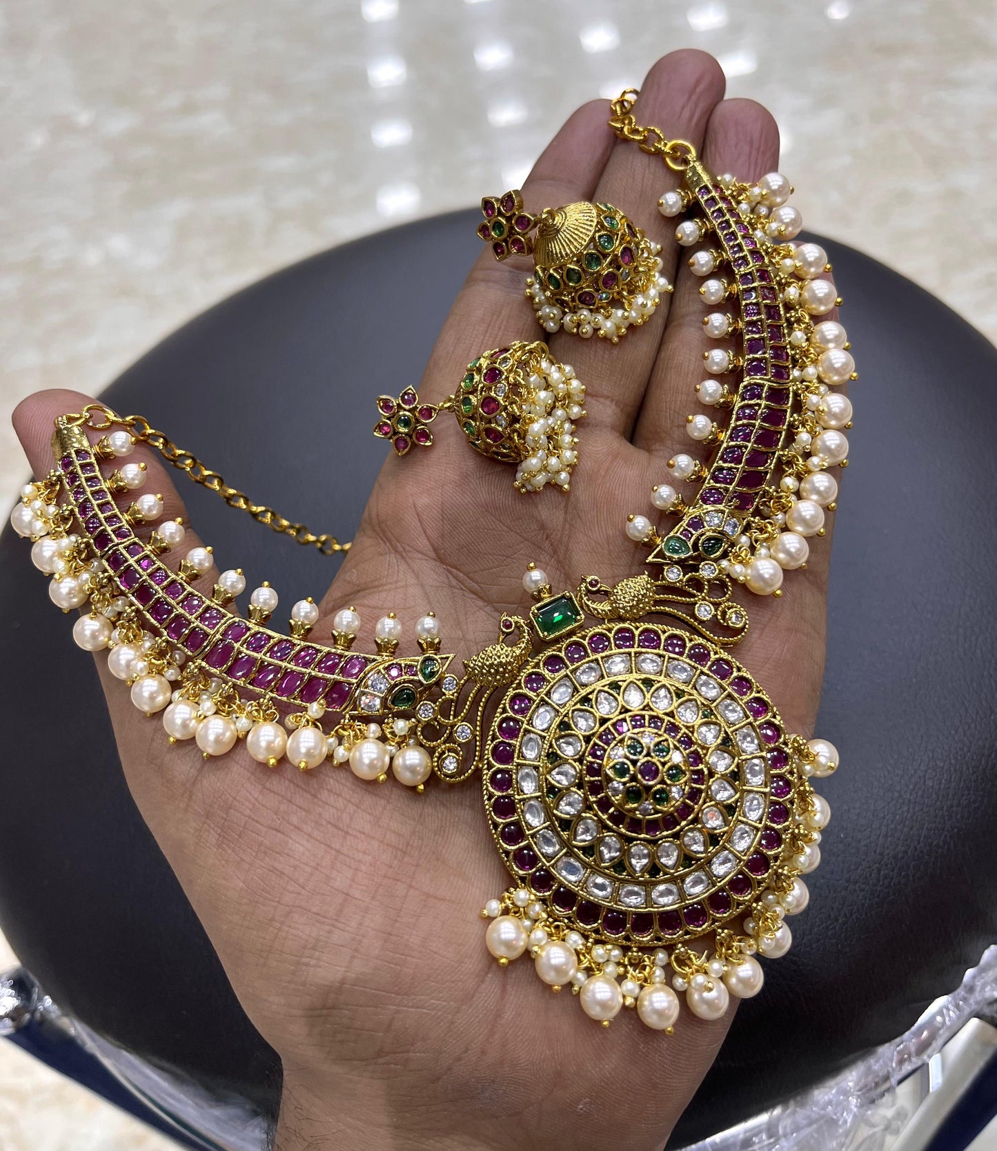 Premium Matt with Kempu Stones Necklace