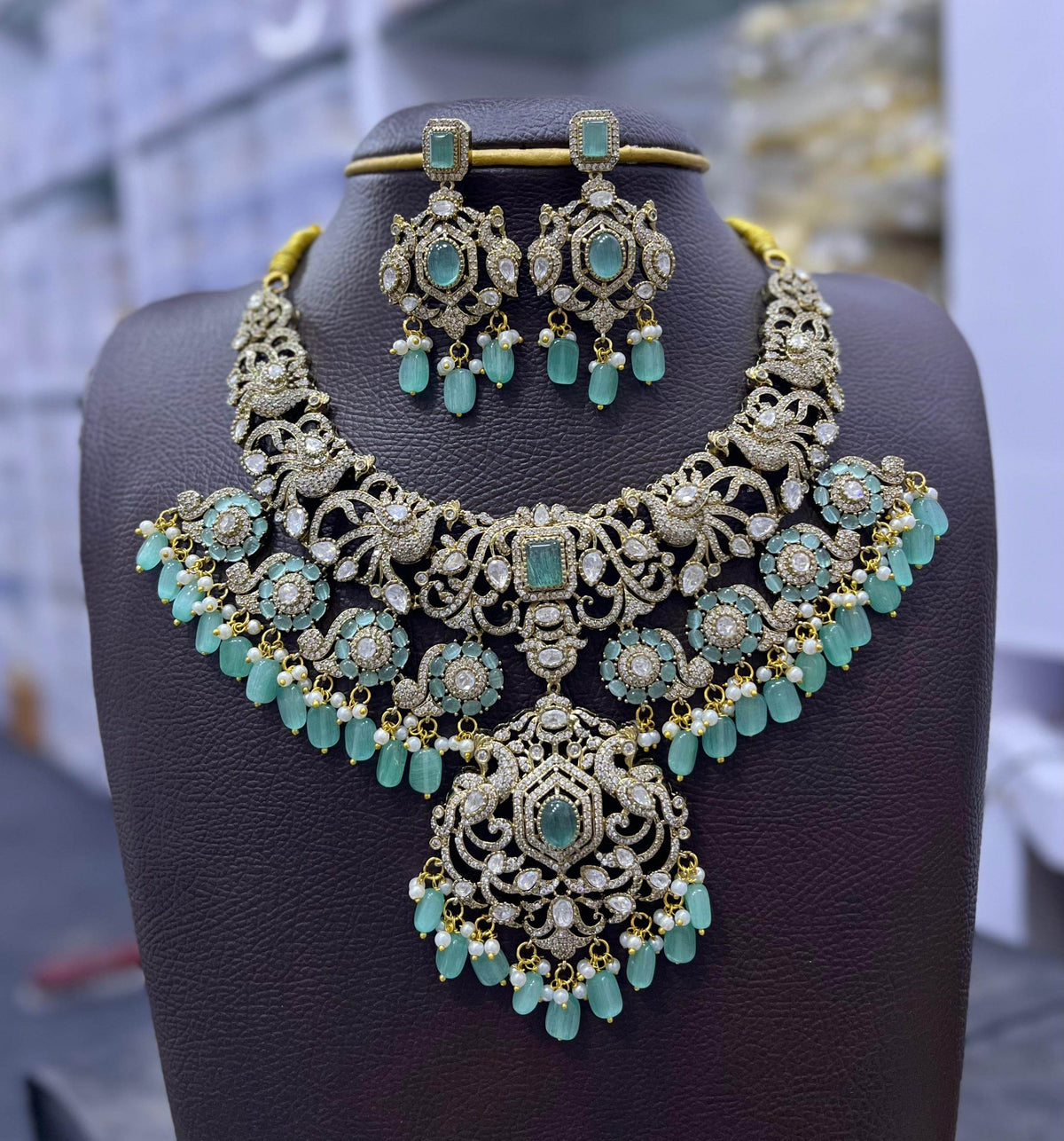Victorian Polish Moissanite and AD Stones Bridal Necklace