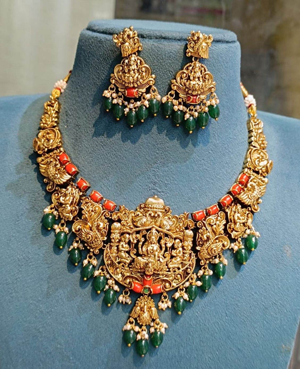Nakshi Work with AD Stones & Coral Beads Bridal Necklace - Nakshatra Jewels