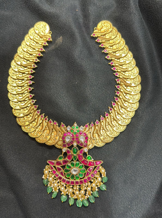 Nakshi work with Kundan Stones Pendent Kaasu Mala