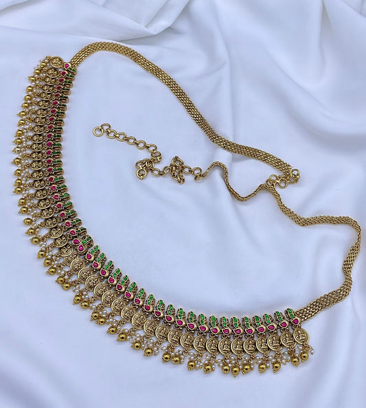 Nakshi Work with Kundan Stones Bridal Kaasu Hip Chain