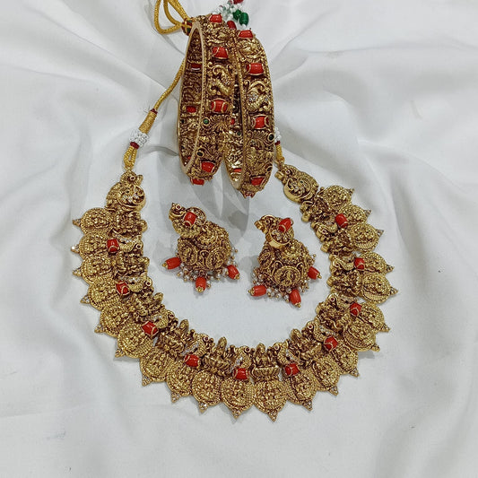 Nakshi work with Coral beads & AD Stones Necklace and Bangles