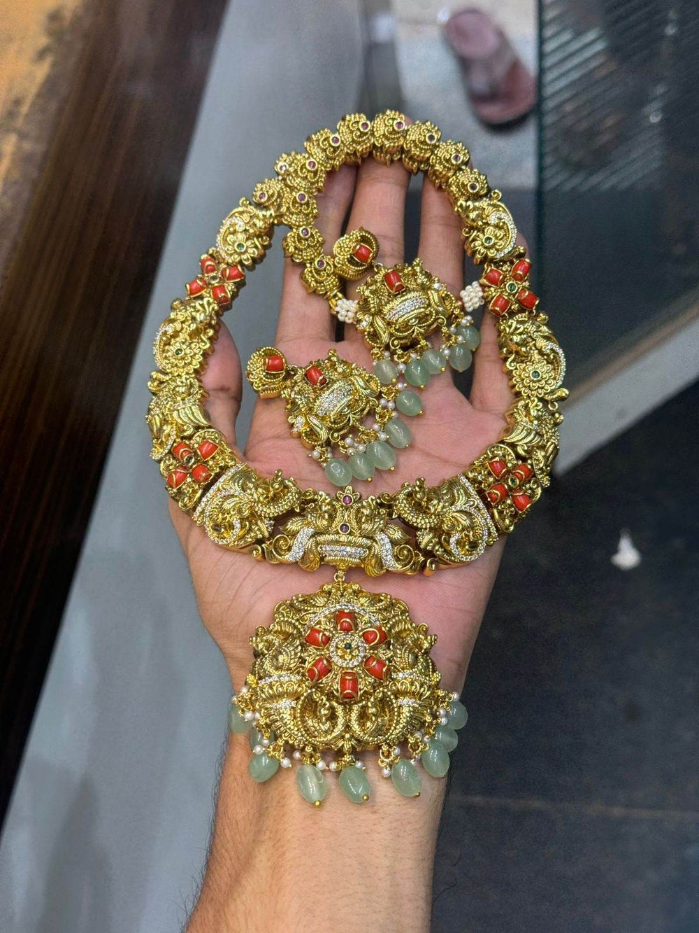 Nakshi work with Coral Beads Haram - Nakshatra Jewels