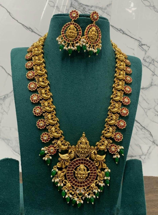 Nagasi Work with Kempu Stones Bridal Haram - Nakshatra Jewels