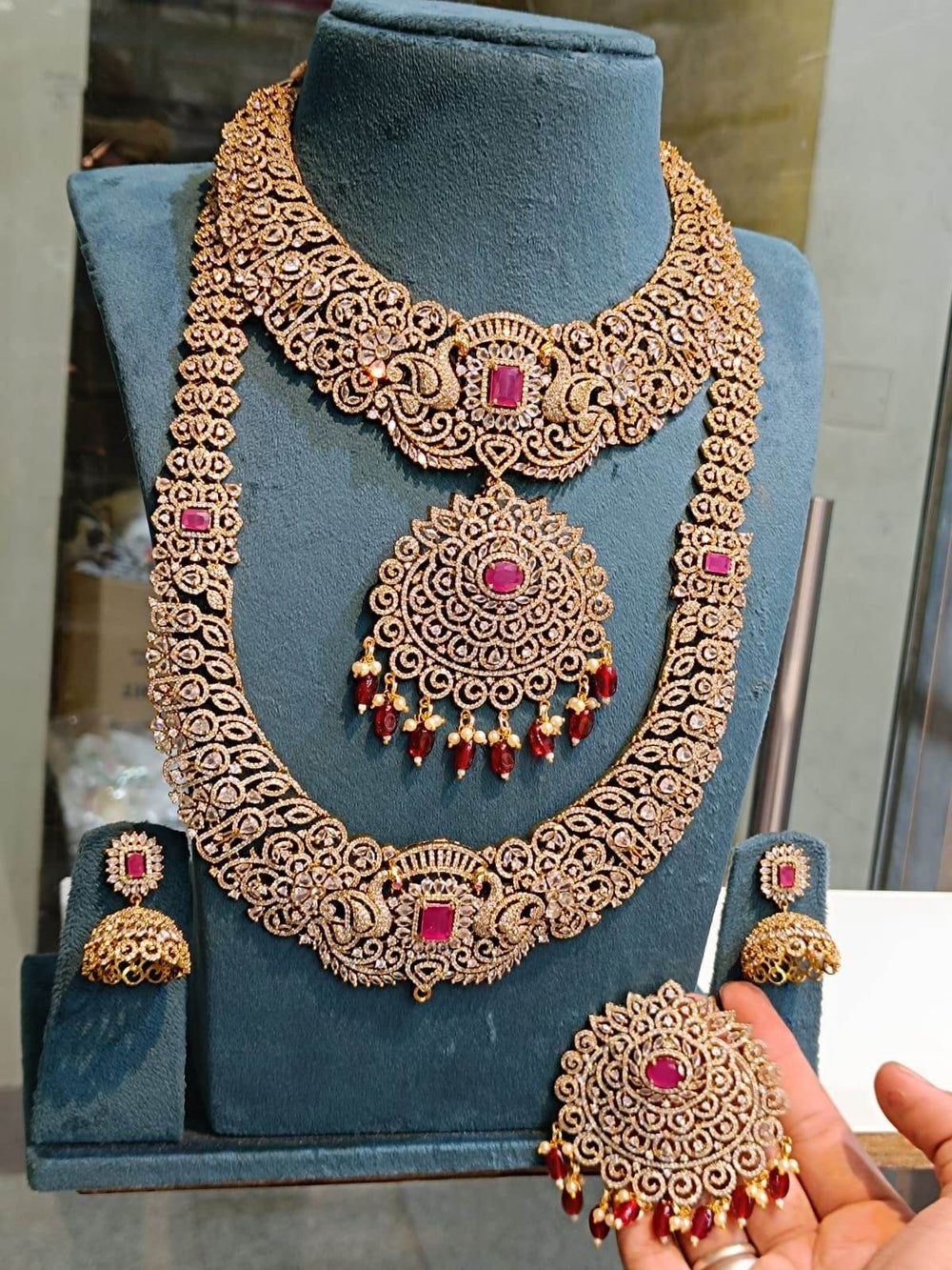 Victorian Polish AD Stones Bridal Set (Detachable Pendent) - Nakshatra Jewels