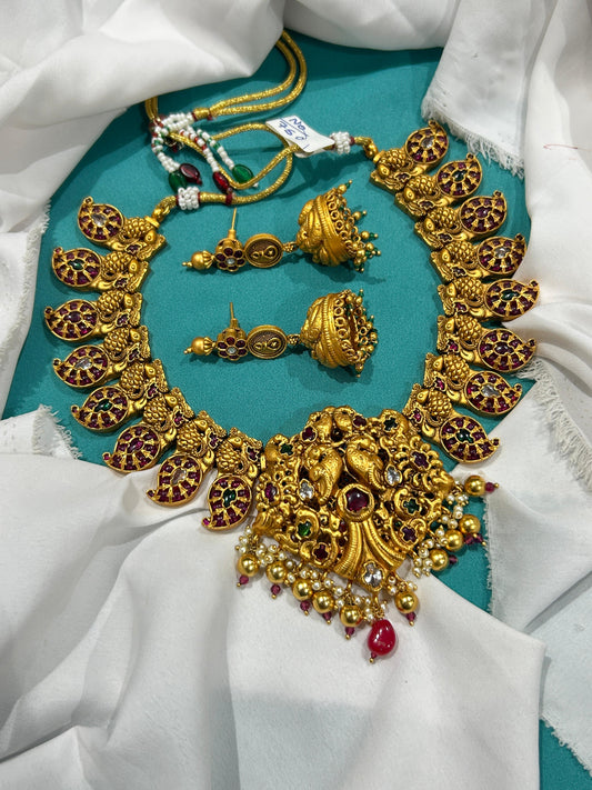 Nakshi Work with Kempu Stones Bridal Necklace