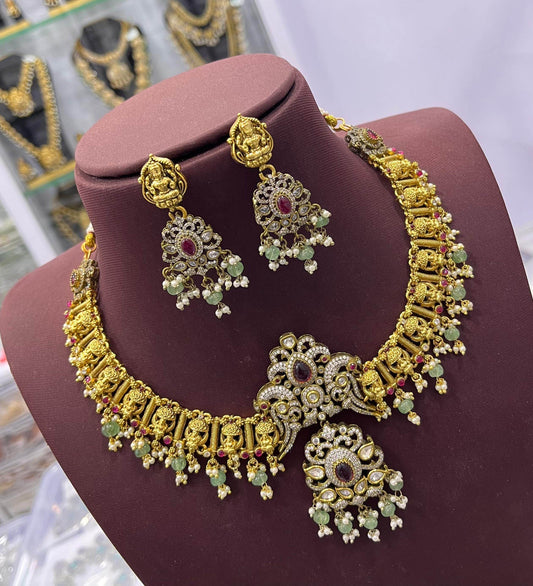 Nakshi Work with Kempu & AD Stones Bridal Necklace - Nakshatra Jewels
