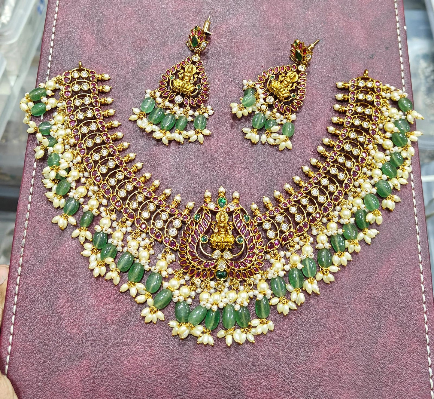 Nakshi work with Kempu Stones Bridal Necklace