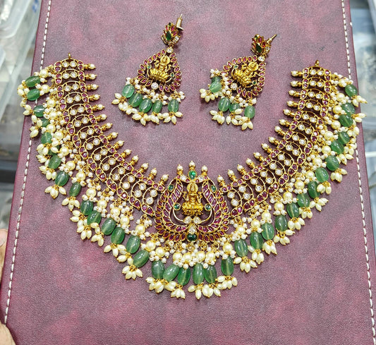 Nakshi work with Kempu Stones Bridal Necklace