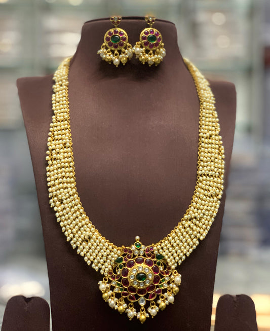 Kempu Stones Pendent with Pearls Bridal Haram