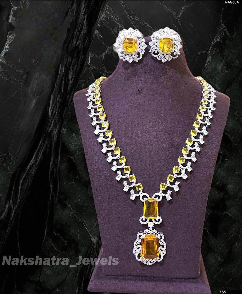 American Diamond Stones Bridal Necklace (Silver polish) - Nakshatra Jewels