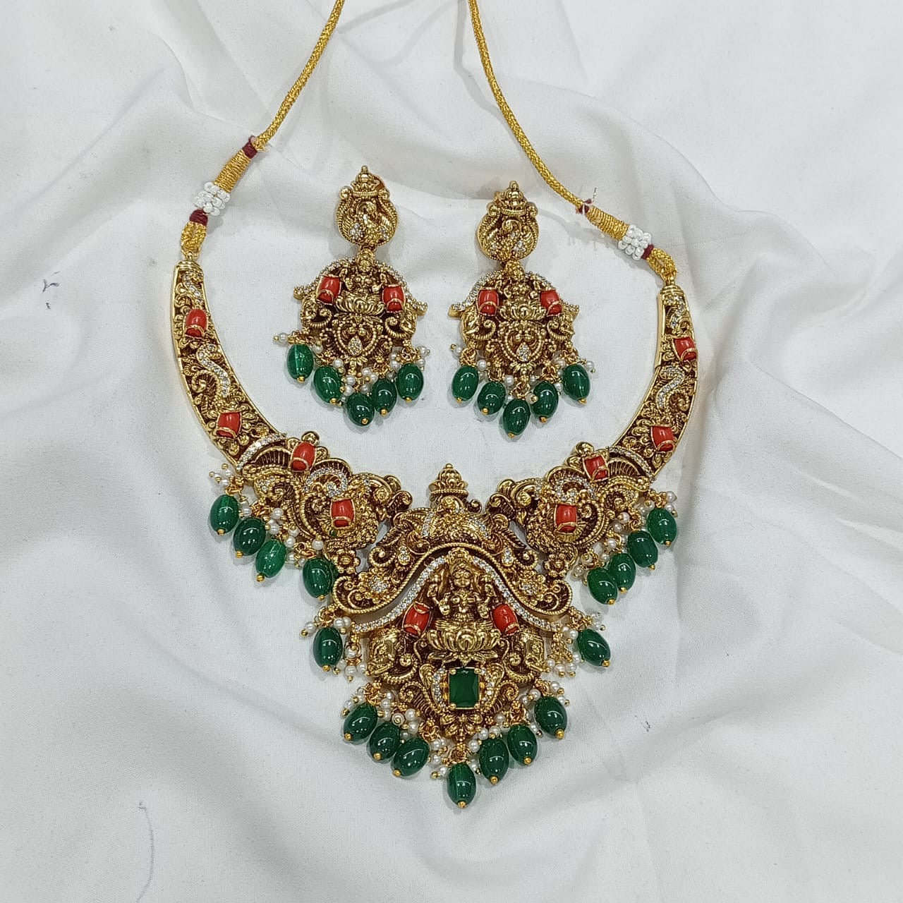 Nakshi work with Coral beads & AD Stones Necklace