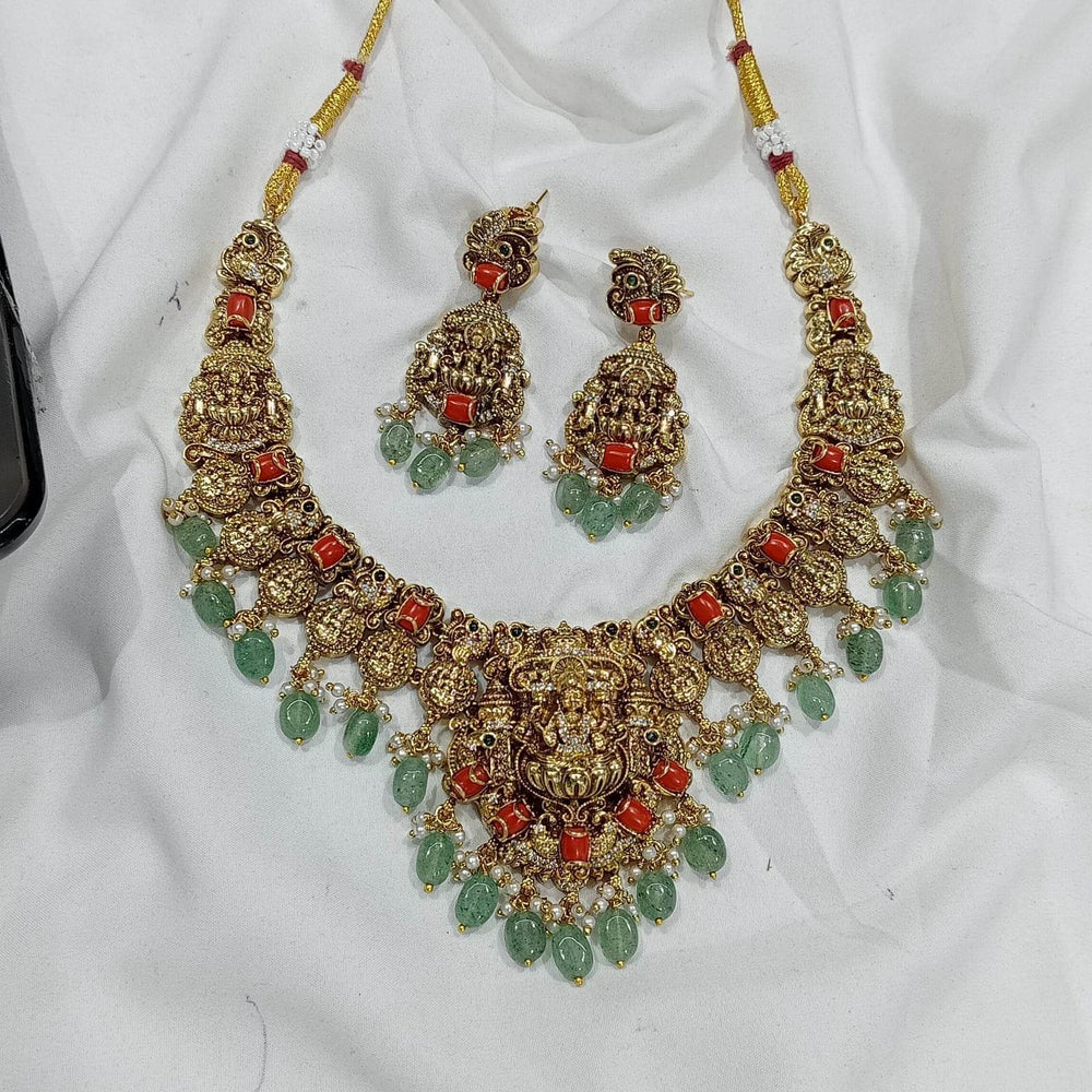 Nakshi work with Coral beads & AD Stones Necklace - Nakshatra Jewels