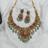 Nakshi work with Coral beads & AD Stones Necklace - Nakshatra Jewels