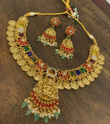 Nakshi Work with AD Stones & Coral Studded Bridal Necklace - Nakshatra Jewels