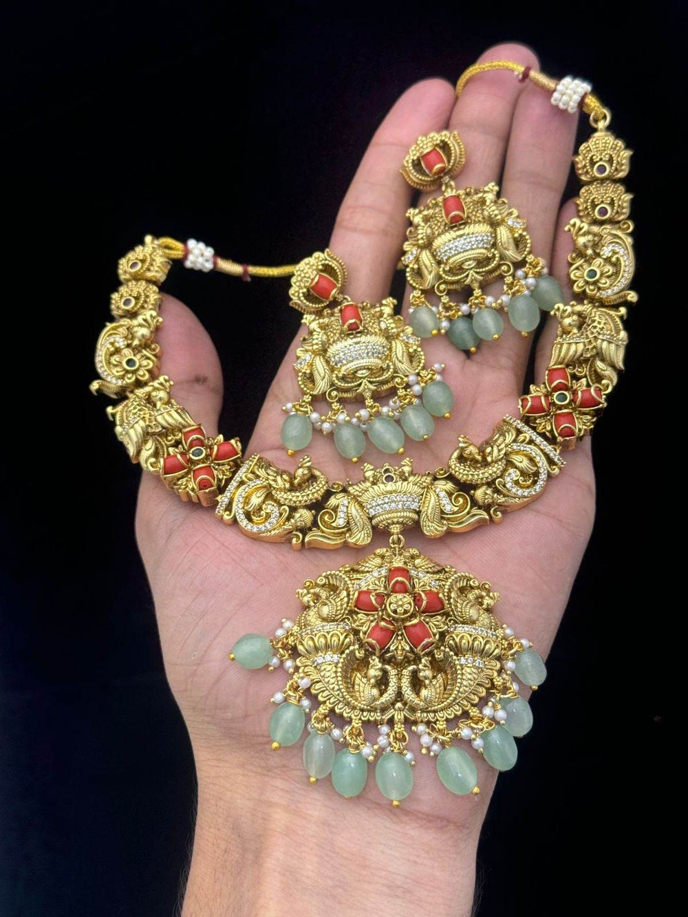 Nakshi work with Coral Beads Necklace - Nakshatra Jewels
