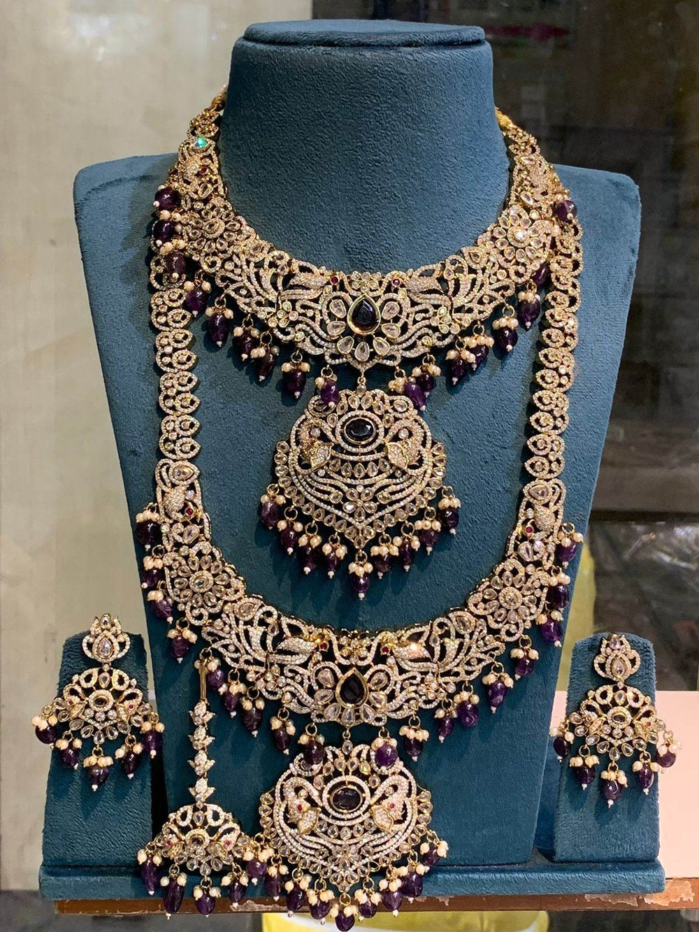 Victorian Polish with AD Stones Bridal Combo Set - Nakshatra Jewels