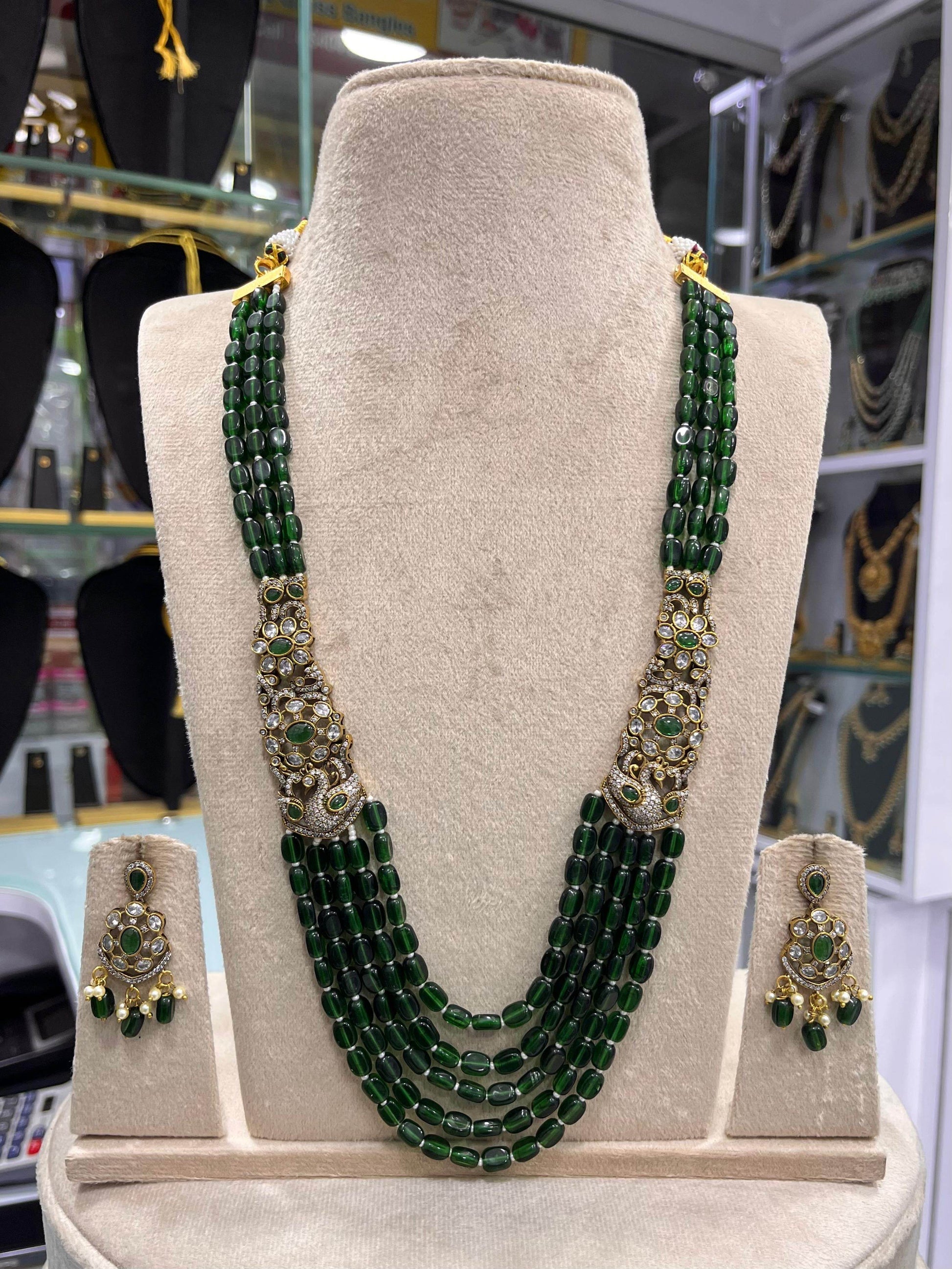 Victorian Polish AD Stones Side Pendent with Beads Haram - Nakshatra Jewels