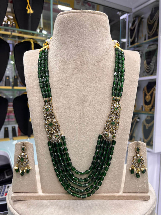 Victorian Polish AD Stones Side Pendent with Beads Haram - Nakshatra Jewels