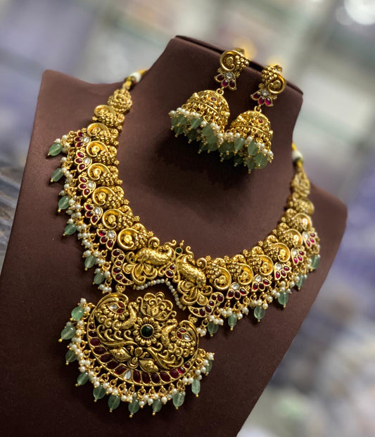 Nakshi Work with Kempu Stones Bridal Necklace
