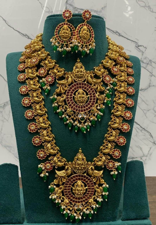 Nagasi Work with Kempu Stones Bridal Combo Set - Nakshatra Jewels
