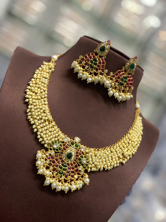 Kempu Stones Pendent with Pearls Bridal Necklace