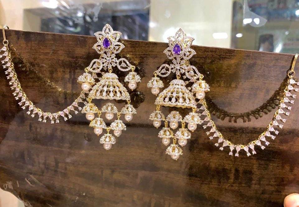 AD Stones Bridal Earrings with Ear chains