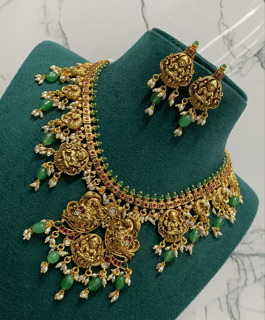Nakshi Work with Kempu Stones Bridal Necklace