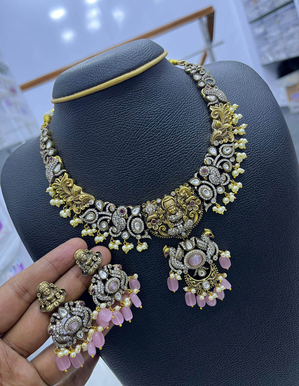Victorian Polish with AD Stones and Nakshi work Necklace - Nakshatra Jewels