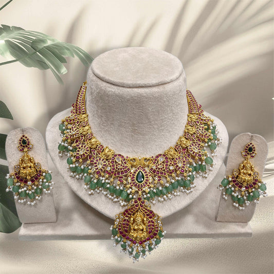 Nakshi Work with Kempu Stones Bridal Neck Set
