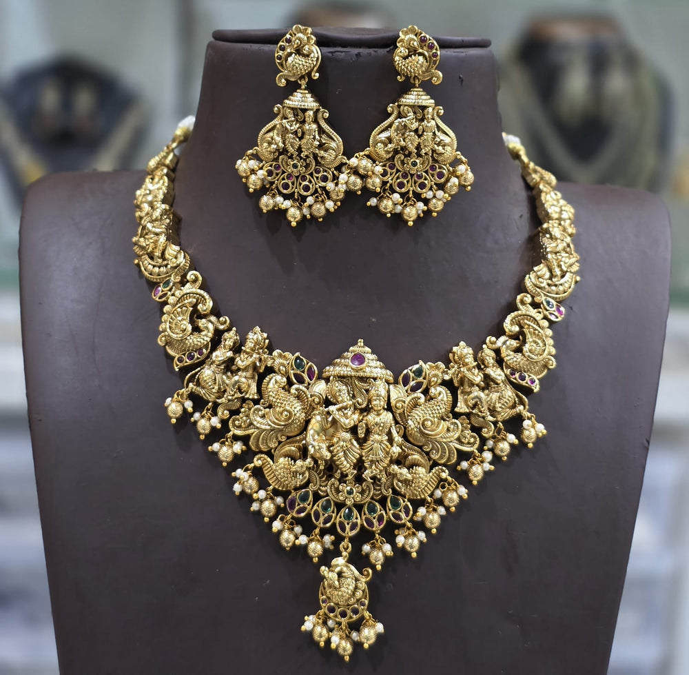 Nakshi work with Kempu Stones Bridal Necklace
