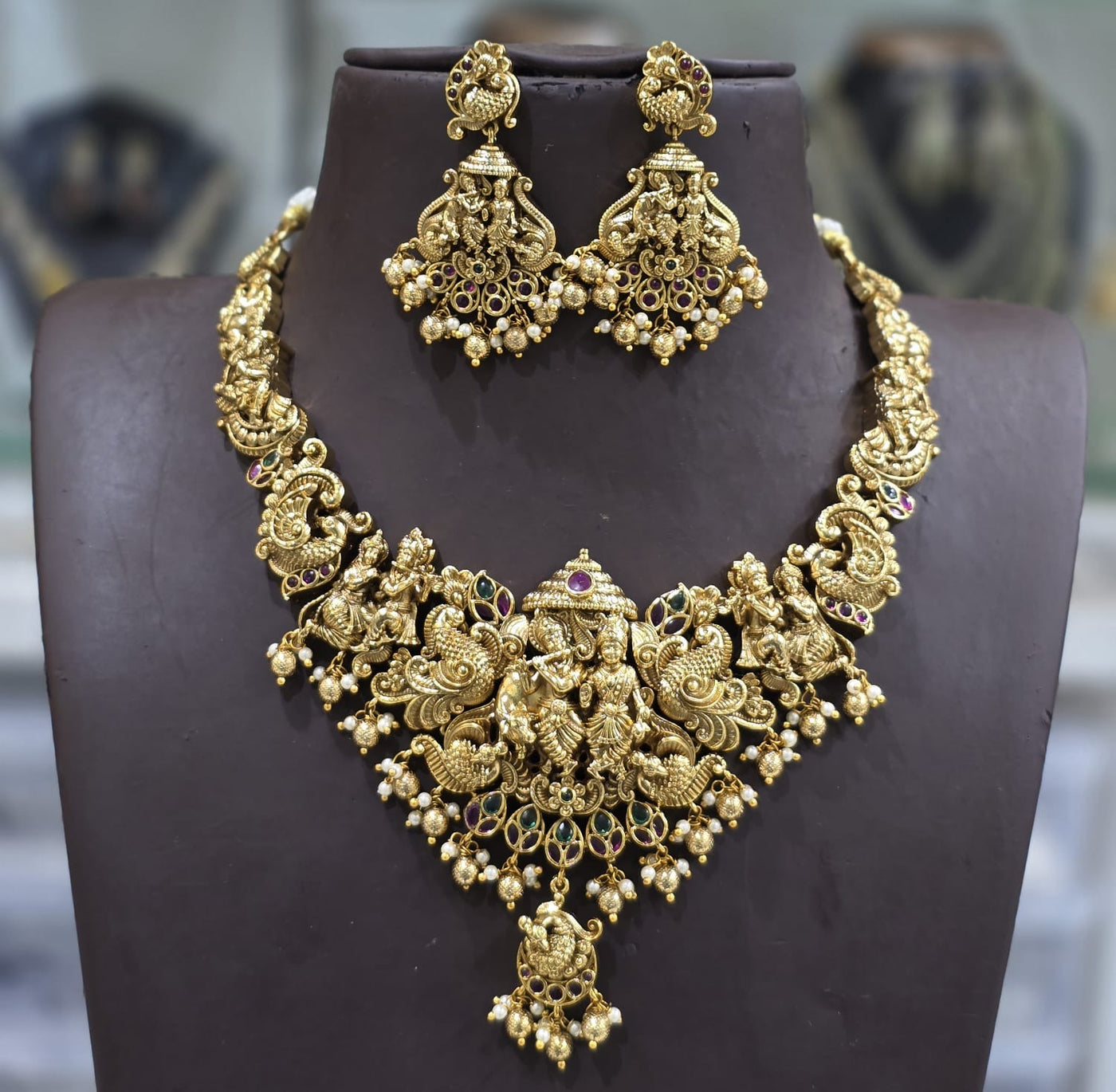 Nakshi work with Kempu Stones Bridal Necklace