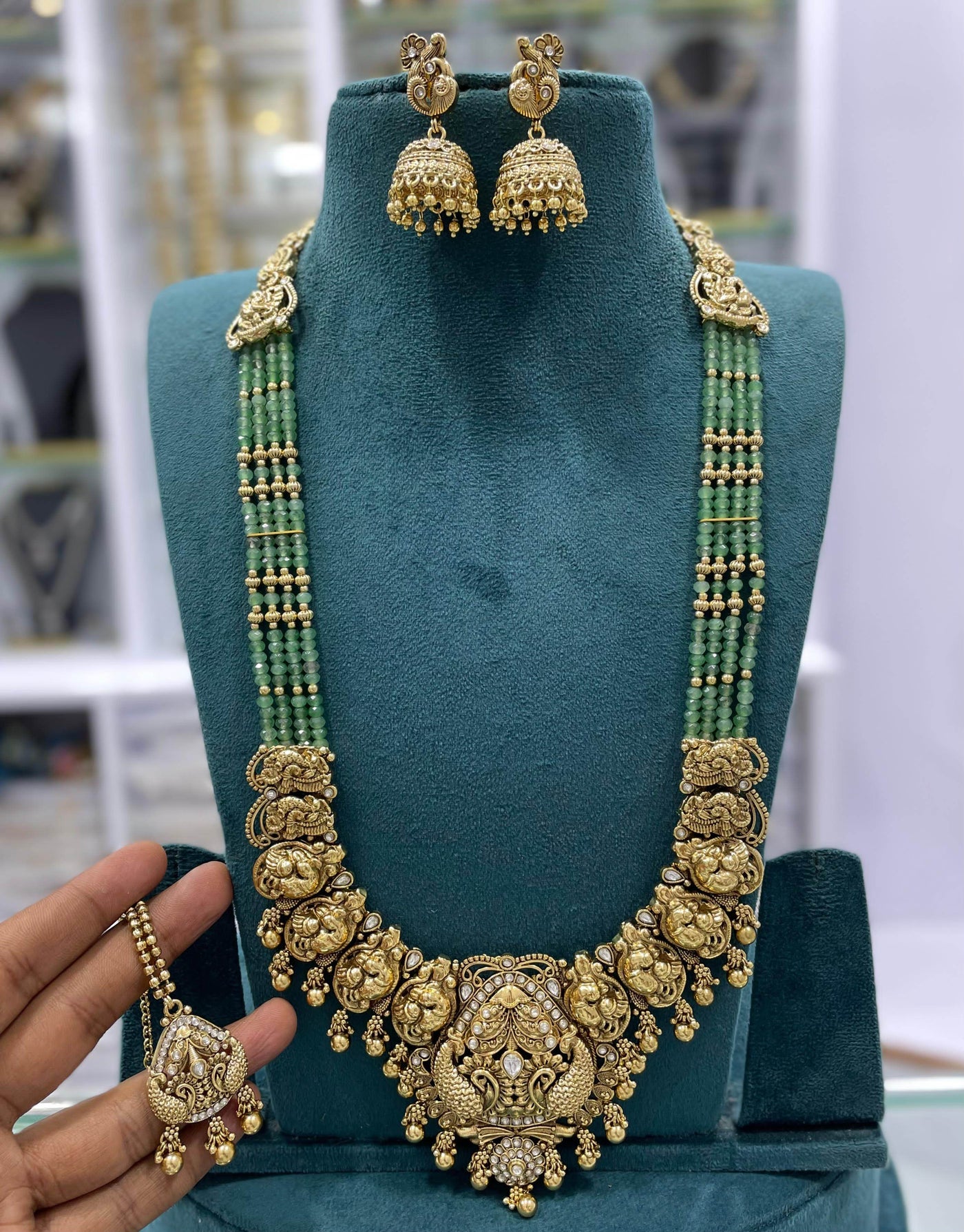 Nagasi Work with Kempu Stones Bridal Pendent with Beads Haram