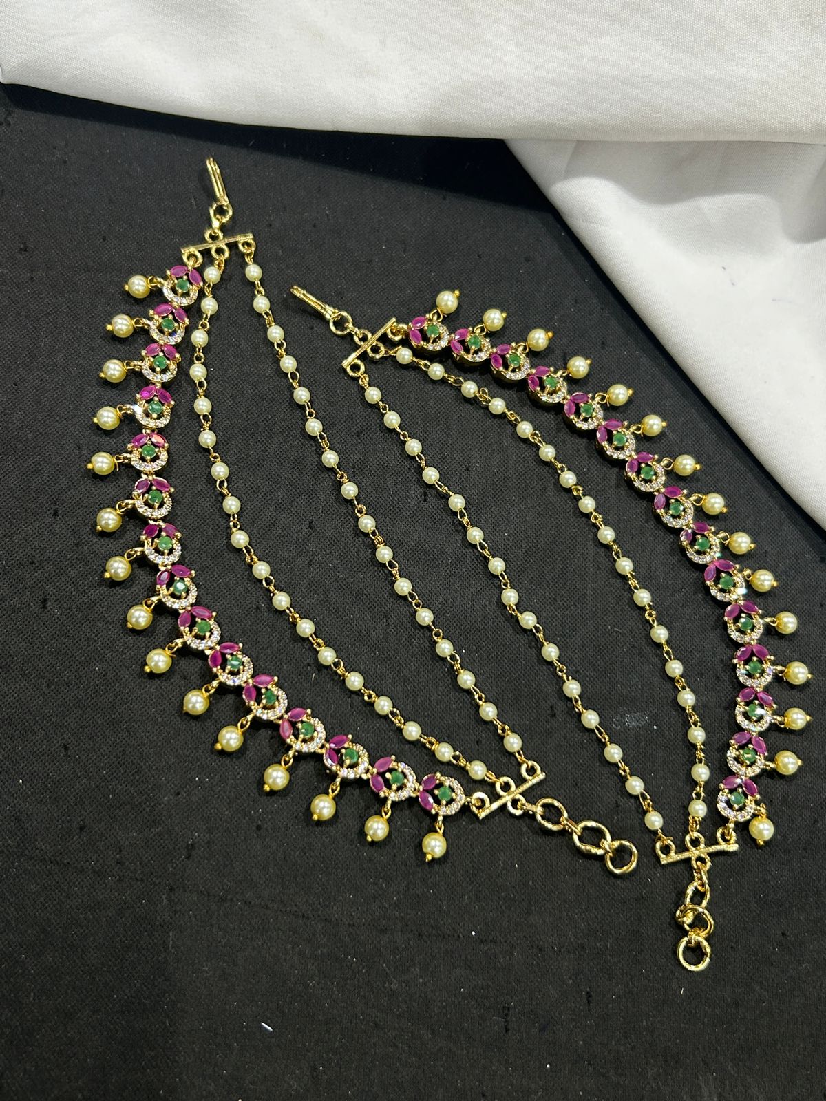 Premium Matt with AD and Kempu Stones Ear Chains