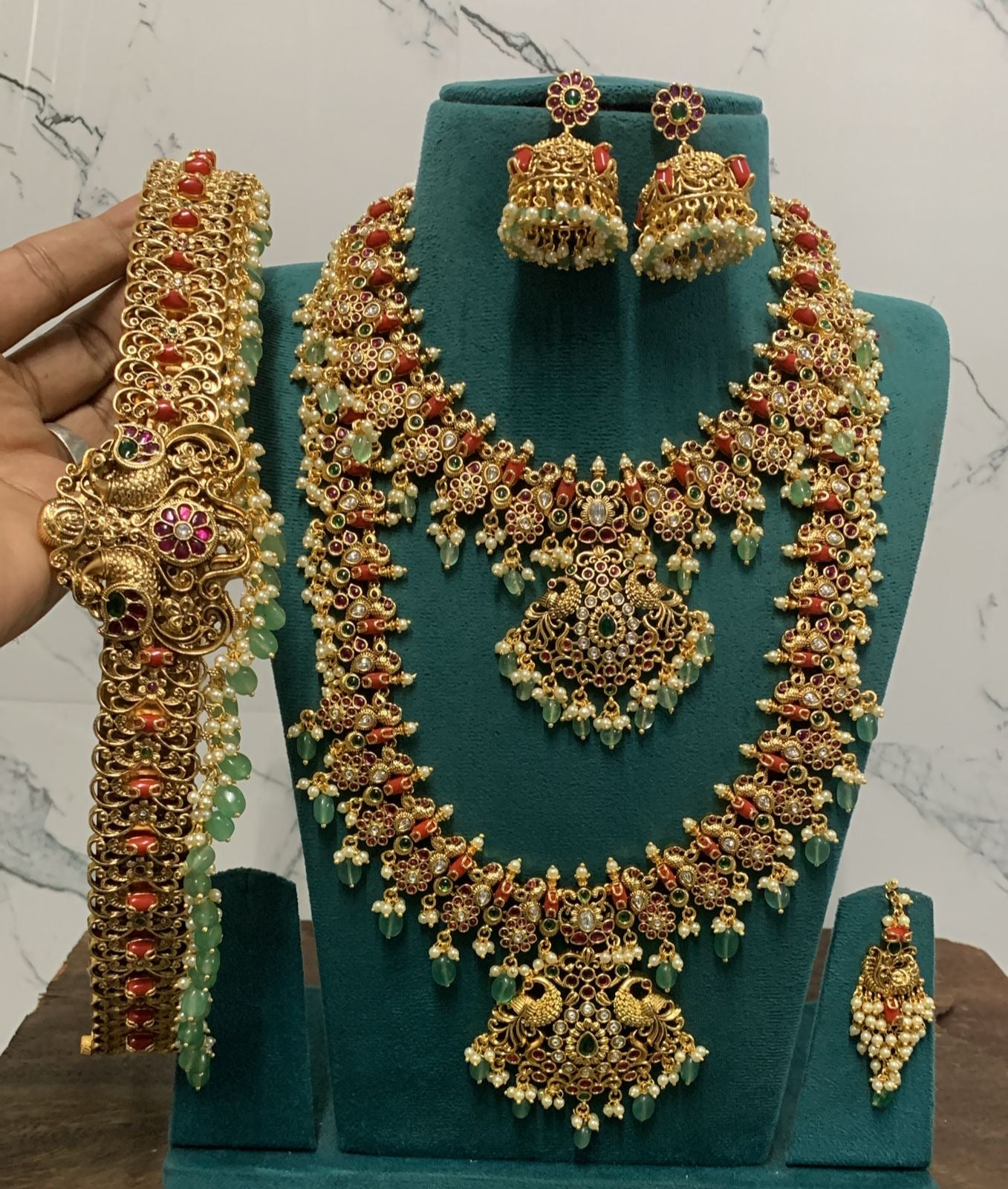 Nakshi Work with Kempu Stones & Coral beads Bridal Set (Gold Replica)