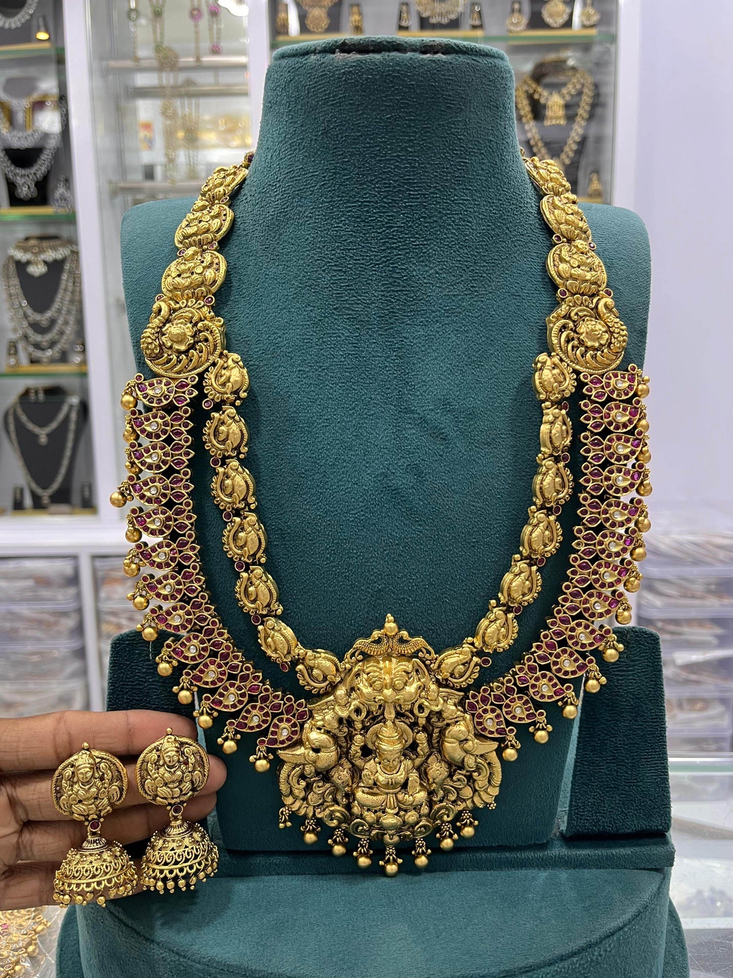 Nakshi Work with Kempu Stones Bridal Layer Haram - Nakshatra Jewels