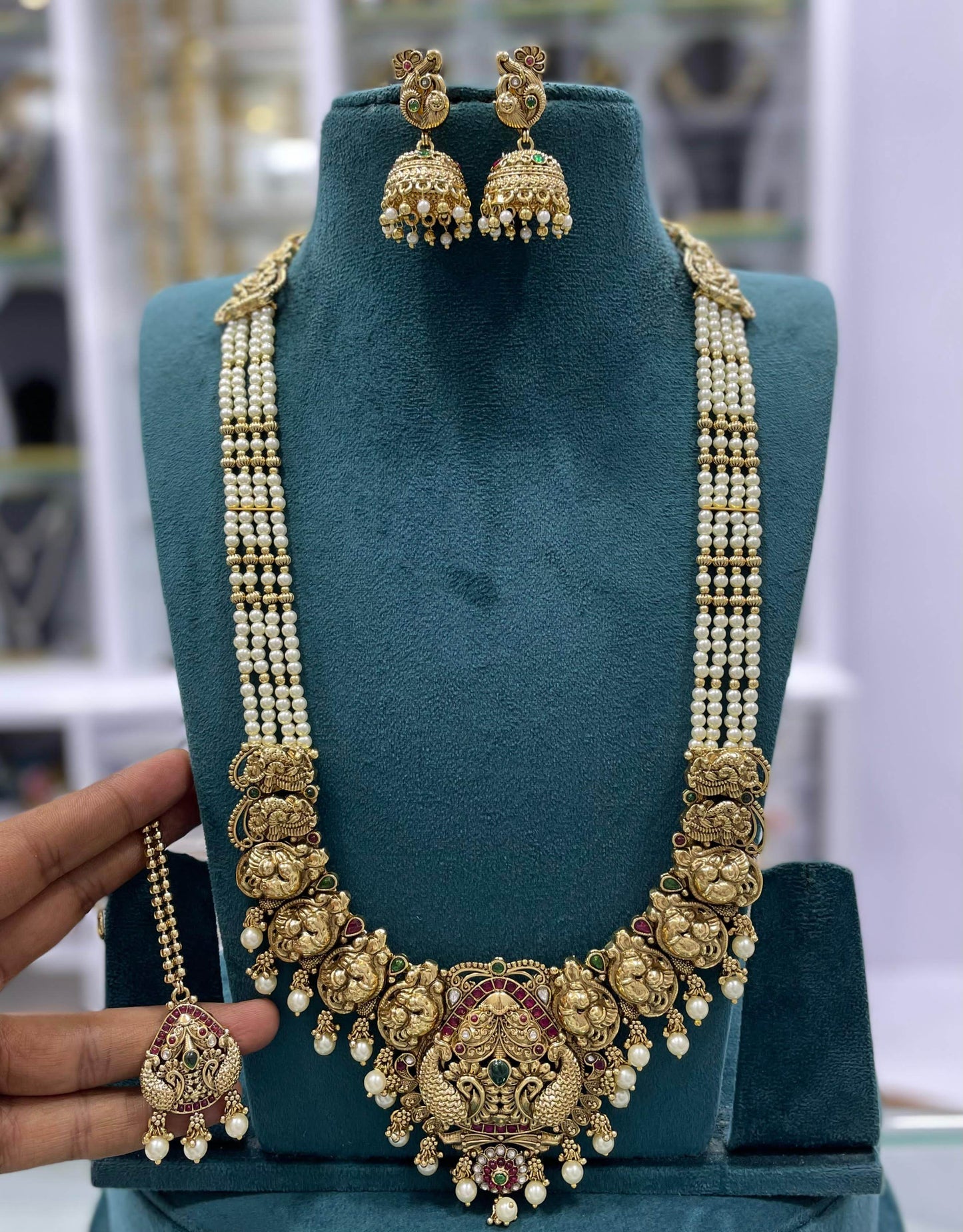 Nagasi Work with Kempu Stones Bridal Pendent with Beads Haram - Nakshatra Jewels