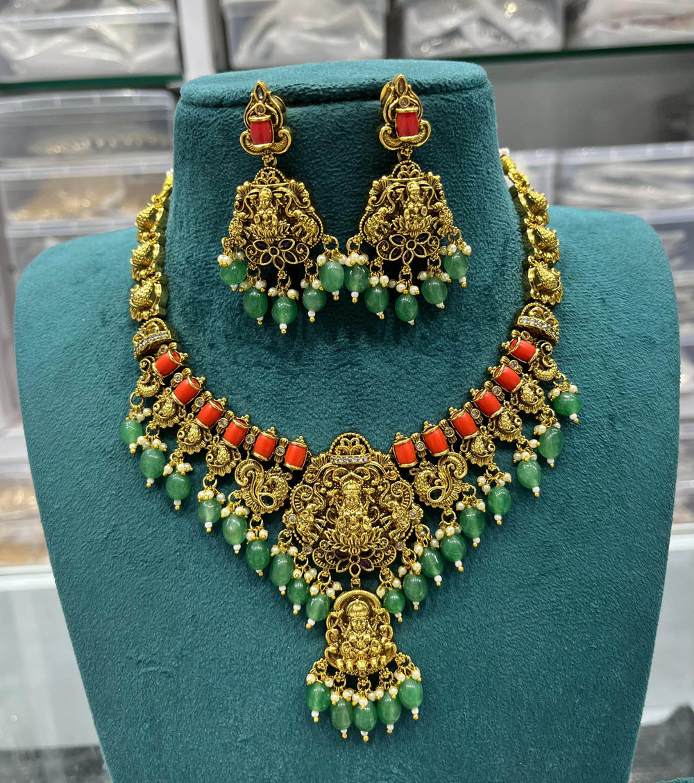 Nagasi Work with AD Stones & Coral Beads Necklace - Nakshatra Jewels