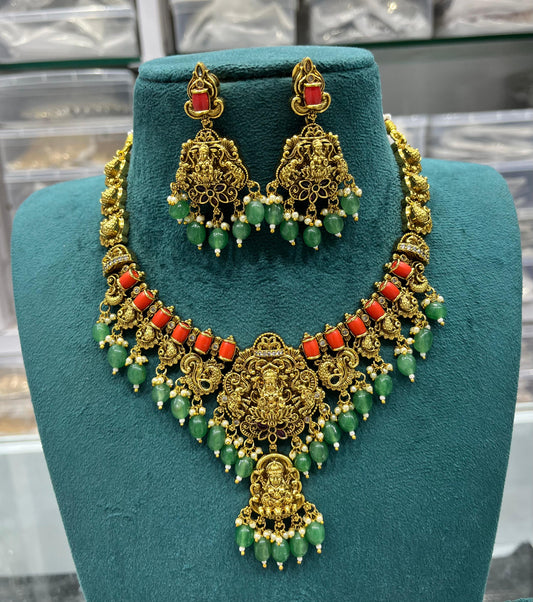 Nagasi Work with AD Stones & Coral Beads Necklace