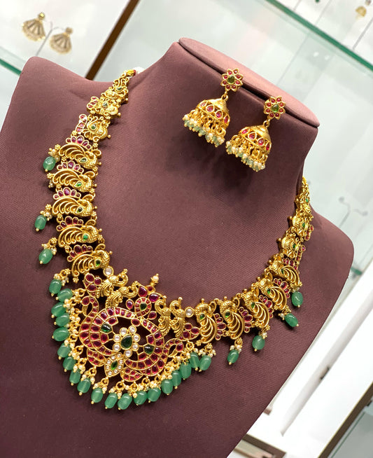 Nakshi Work with Kempu Stones Bridal Necklace