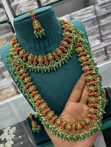 Nagasi Work with Coral Studded Combo Set - Nakshatra Jewels