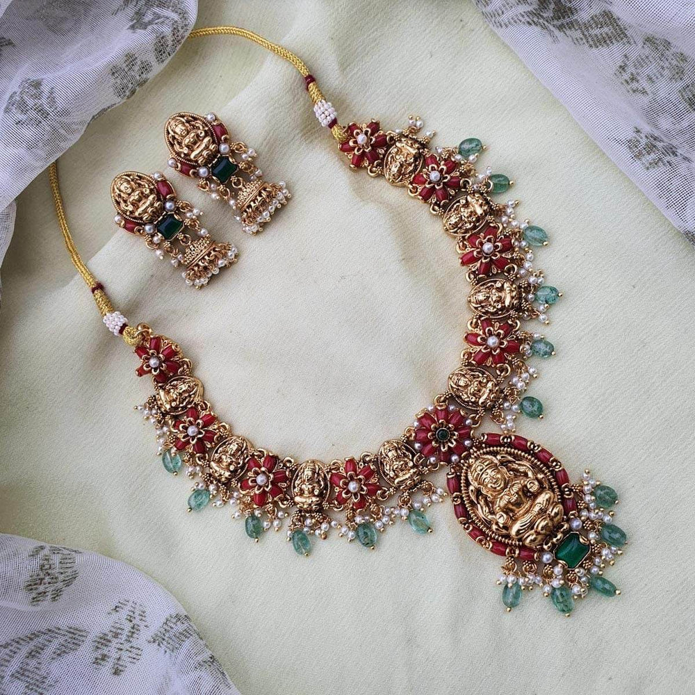 Nakshi Work with Coral Beads Necklace - Nakshatra Jewels