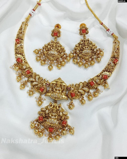 Nakshi Work with AD & Coral Beads Necklace