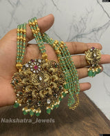 Nagasi work with Moissanite Stones Bridal Pendent with Beads Haram - Nakshatra Jewels