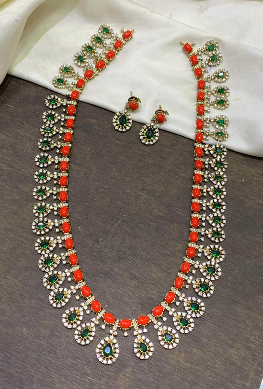 Victorian Polish with AD & Coral Beads Haram - Nakshatra Jewels