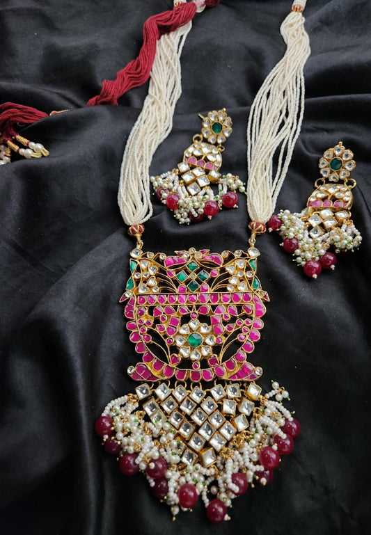 Pachi Kundan Stones Bridal Pendent with Pearls Haram