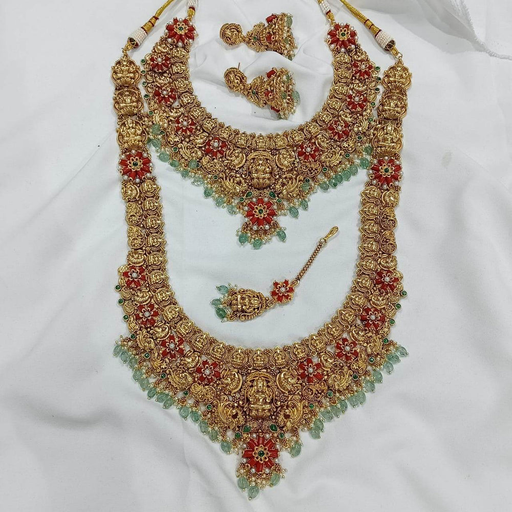 Nakshi Work with AD Stones & Coral beads Bridal Set (Gold Replica) - Nakshatra Jewels