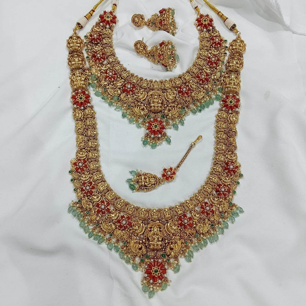 Nakshi Work with AD Stones & Coral beads Bridal Set (Gold Replica)