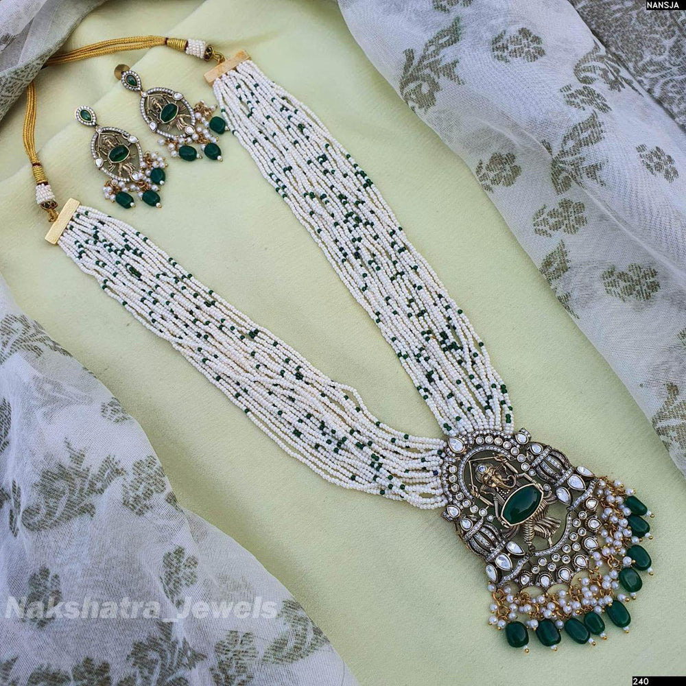 Victorian Polish AD Stones Pendent with Pearl Beads Haram - Nakshatra Jewels