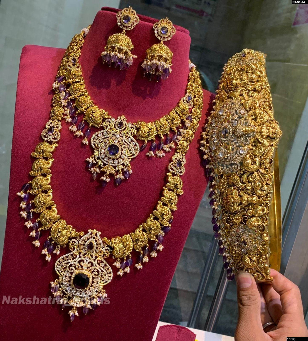 Victorian Polish AD Stones & Nakshi Work Bridal Set (Gold Replica) - Nakshatra Jewels